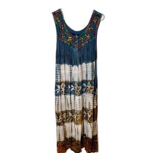 Vintage Riviera Sun Tie Dye Dress Embroidered Sequin Boho Festival Midi Sz M/L